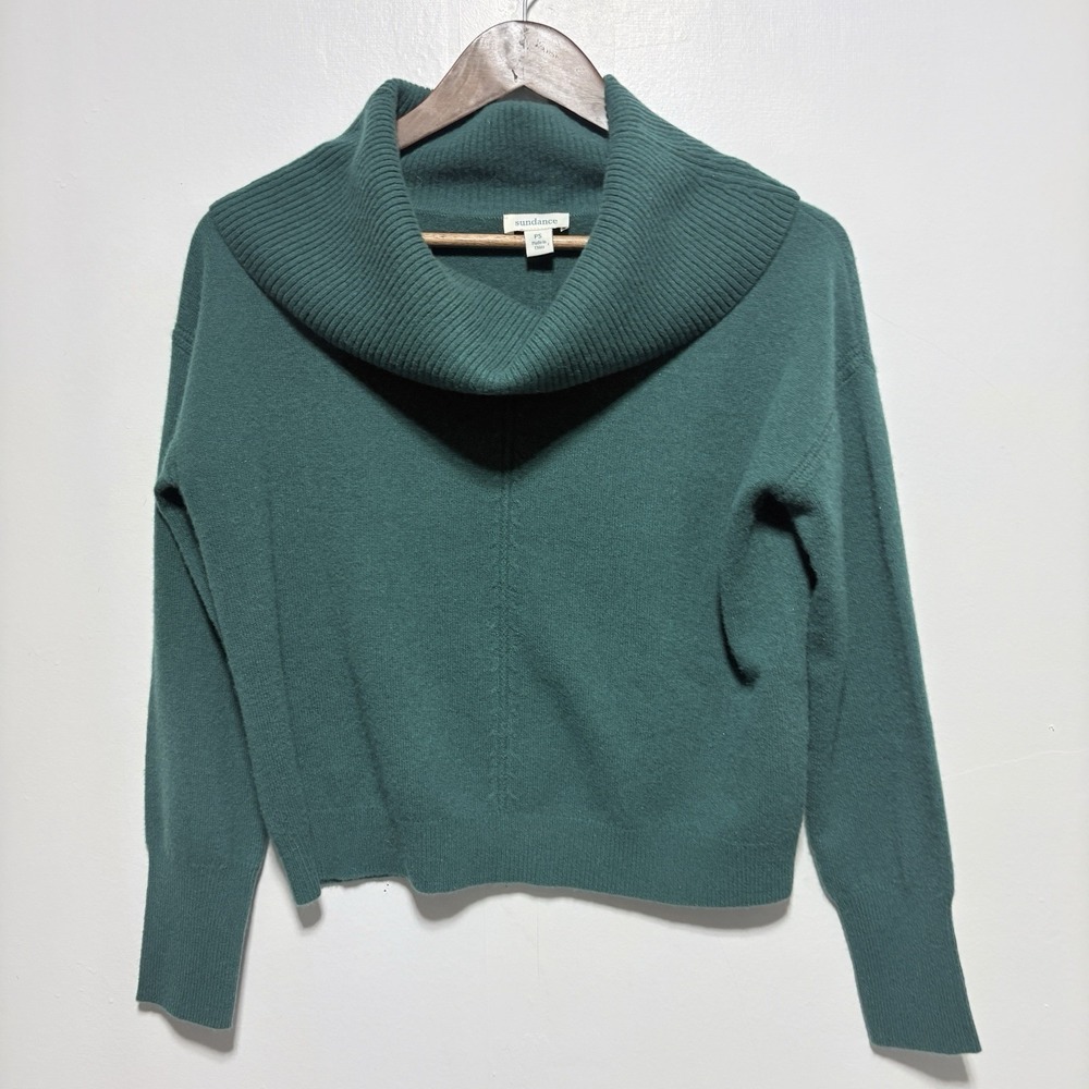 Sundance Sweater Womens S Petite Green Cashmere Cropped Cowl Neck Long Sleeve